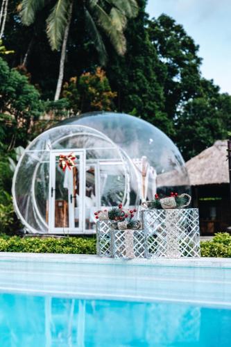a clear igloo next to a swimming pool at Bubble 9 - Luxury Private Pool Experience Ubud in Tampaksiring