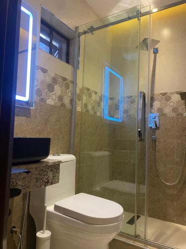 a bathroom with a toilet and a glass shower at Citistay Apartments in Abuja