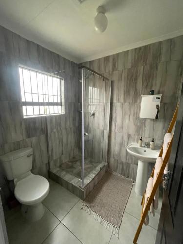 a bathroom with a shower and a toilet and a sink at Townside Estate UNIT8 in Ladysmith
