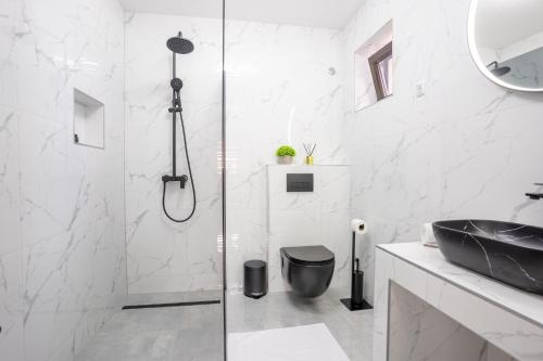 a bathroom with a shower and a black sink at Apartman Vanessa in Gospić