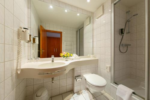uma casa de banho com um lavatório, um WC e um chuveiro em Hotel Goldener Fasan em Oranienbaum-Wörlitz