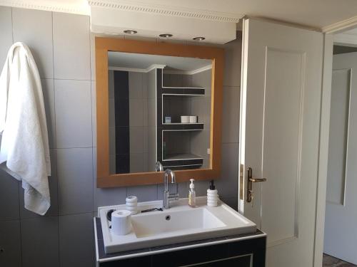 a bathroom with a sink and a mirror at Nautilus andros house in Andros