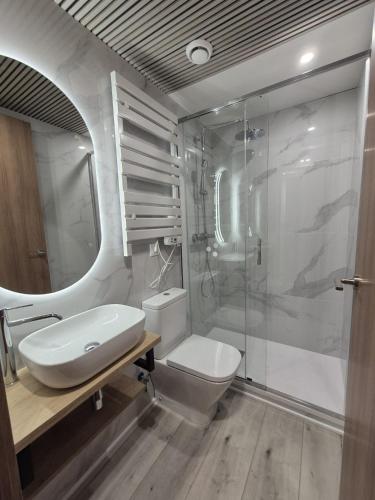 a bathroom with a sink and a toilet and a shower at Hotel General Ricardos in Madrid