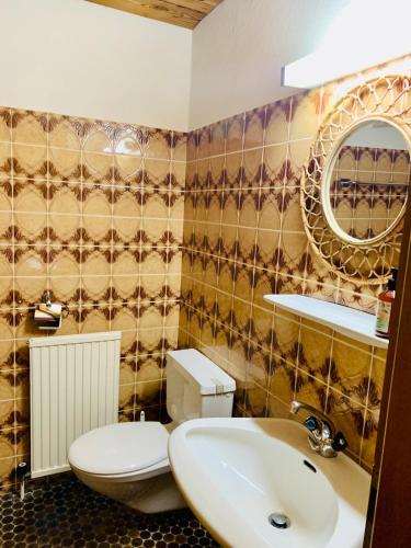 a bathroom with a toilet and a sink and a mirror at Frühstückspension Waldeck in Mayrhofen
