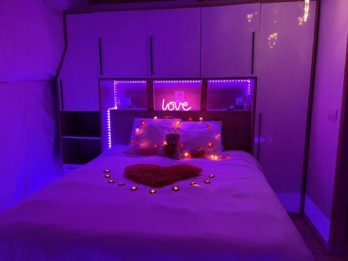 a purple bedroom with a teddy bear on a bed at Bulle Insolite avec Spa Privatif in Durban-Corbières
