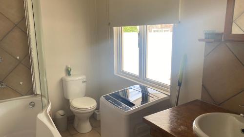 a bathroom with a toilet and a sink and a window at Binks at Sea in Witsand