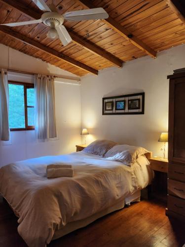a bedroom with a large bed with a ceiling fan at Cabaña La Mechita con jacuzzi privado in Estación Delta
