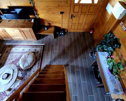 an overhead view of a staircase in a cabin at Lorraine's cabin Plitvice in Drežnik Grad