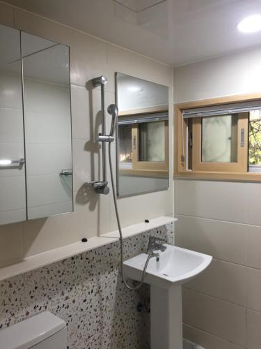 a bathroom with a sink and a mirror and a toilet at Summer's House in Jeju