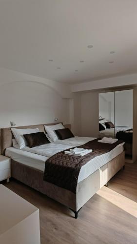 a bedroom with a large bed and a mirror at Motel Adut Boleč in Donja Kapija