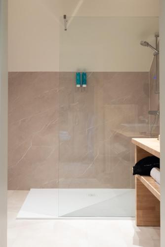 eine Dusche mit Glastür im Badezimmer in der Unterkunft Hotel Amary in Maldegem