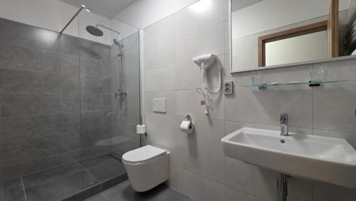 a bathroom with a toilet and a sink at Apartmány Koruna in Ostrava