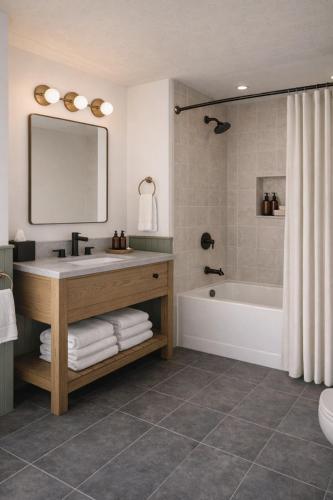 a bathroom with a sink and a tub and a mirror at The Manchester View in Manchester