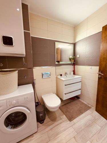 a bathroom with a washing machine and a sink at Romantic Hillside Escape Sea View in Budva