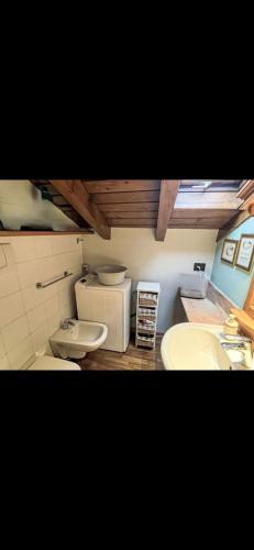 a bathroom with a toilet and a sink in it at Bilocale con vista sui monti in Pinzolo