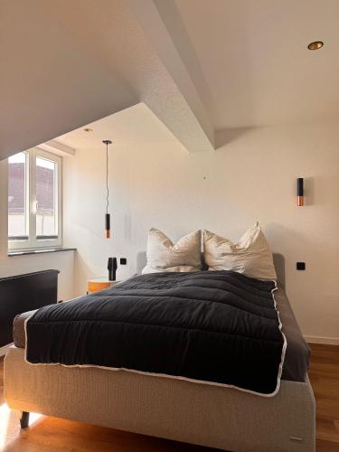 a bedroom with a large bed in a attic at Design Dachgeschoss Wohnung in Eilenburg