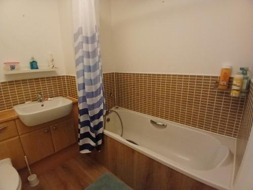 a bathroom with a bath tub and a sink at Double room Thornaby train station in Stockton-on-Tees