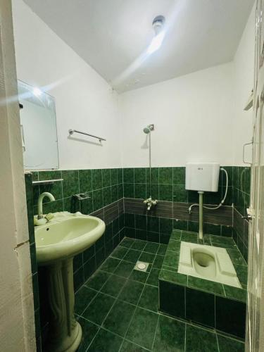 a green tiled bathroom with a sink and a toilet at North Paradise Guest House in Skardu