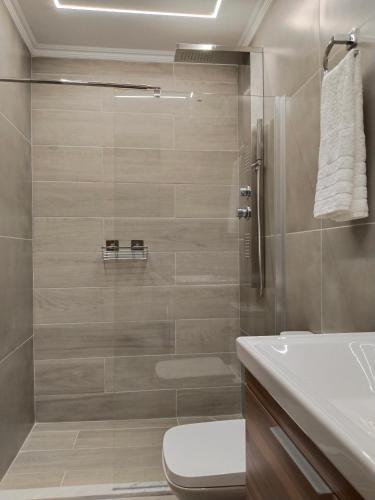 a bathroom with a shower with a toilet and a sink at Calm Horizon Residence in Chios