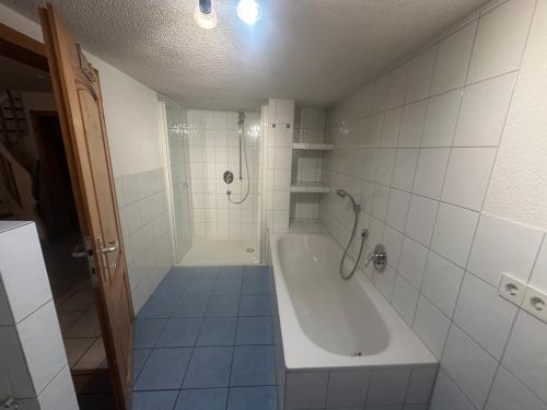 a bathroom with a shower and a bath tub at Monteure Maisonette in Eggingen