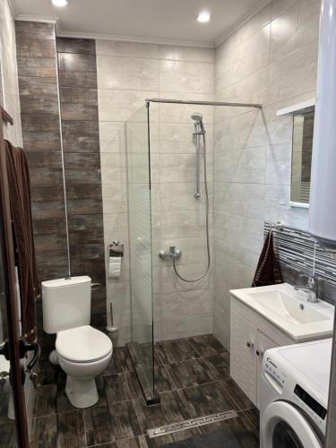 a bathroom with a shower and a toilet and a sink at Къща за гости Гергана in Troyan