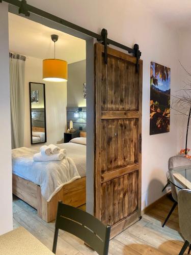 a bedroom with a bed and a sliding barn door at Matilde House in Fanano