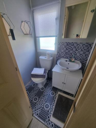 a bathroom with a toilet and a sink and a mirror at 3 bed 2 bath Static on parkdean morecambe in Morecambe