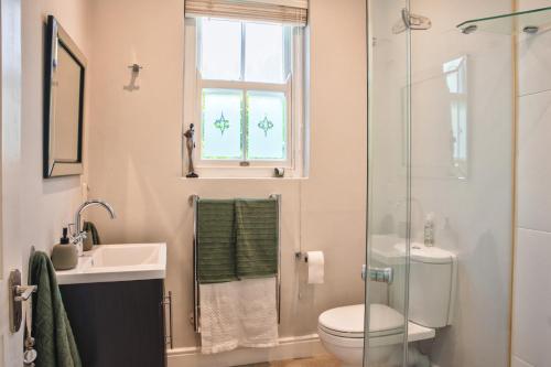 ein Badezimmer mit Toilette, Waschbecken und Fenster in der Unterkunft Francolin Studio in Kapstadt
