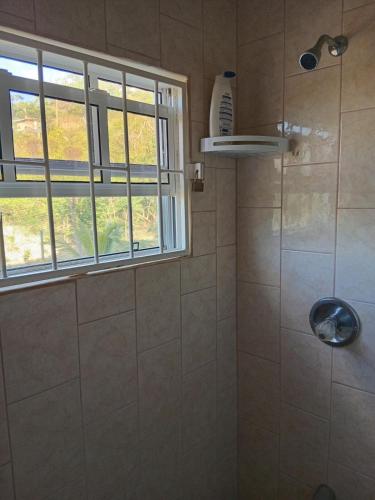 a bathroom with a shower with a window at Fijay Bay Inn in Carriacou
