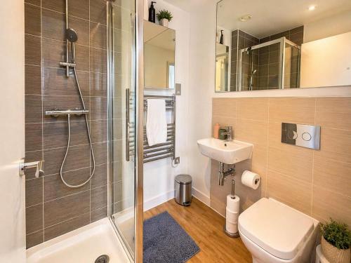 a bathroom with a shower and a toilet and a sink at Apartment 3 in Birmingham