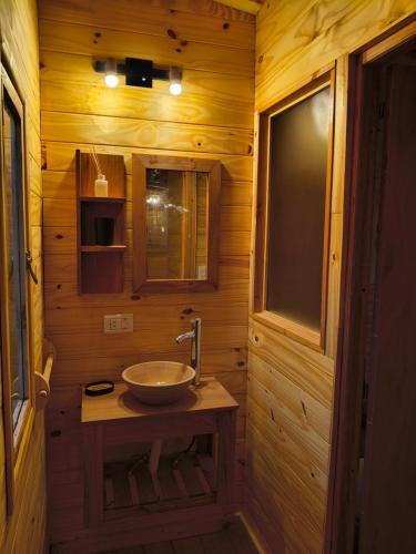 a bathroom with a sink in a wooden cabin at Alma de Puelo in Lago Puelo