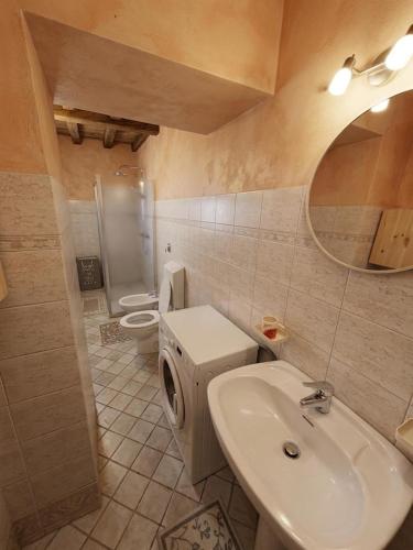 a bathroom with a sink and a toilet and a mirror at Casa Renoir appartamento a due passi dal lago in Verbania