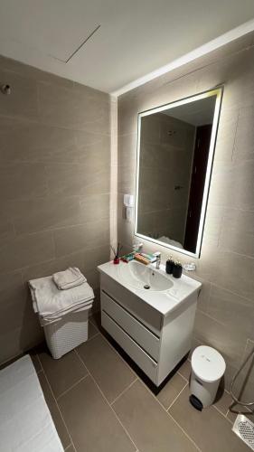 a bathroom with a sink and a toilet and a mirror at Luxury Trizen Aki Apartments in Colombo