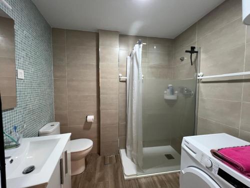 a bathroom with a shower and a toilet and a sink at Todimer Costa Peñon in Torrenueva