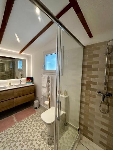 a bathroom with a shower and a toilet and a sink at Los Caballos Villa in Cala Galdana