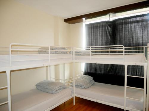 two bunk beds in a room with a window at Kensal Green Backpackers 2 in London