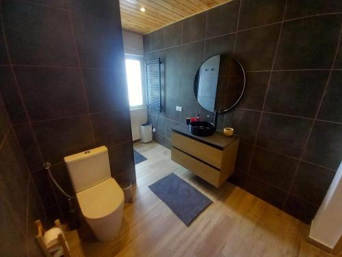 a bathroom with a toilet and a mirror at CdR Casa do Rei in Lajes das Flores