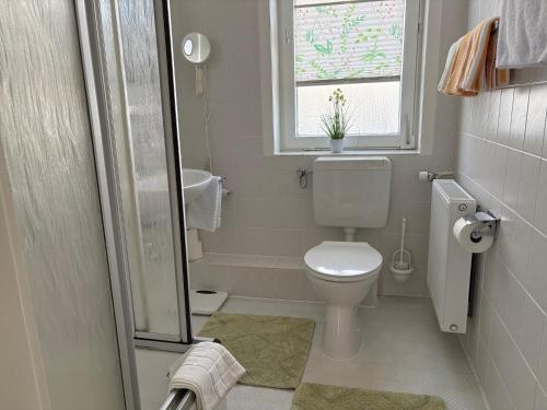 a small bathroom with a toilet and a window at Glück Auf in Goslar