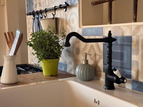 a kitchen sink with a black faucet and a sink at La Casetta Di Borgo in Lajatico