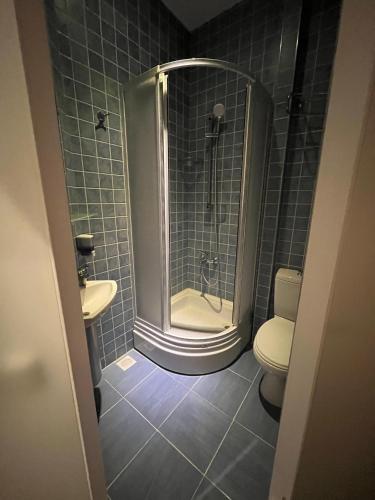 a bathroom with a shower and a toilet at Bademli Ancanoz Hotel in Dikili