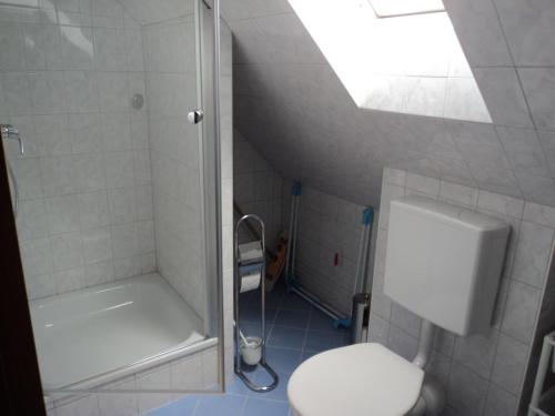 a small bathroom with a shower and a toilet at Ferienwohnung Am Homburg Nr 1 in Saarbrücken