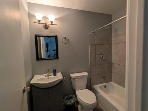 a bathroom with a toilet and a sink and a shower at Spacious Studio near Brady St in Milwaukee