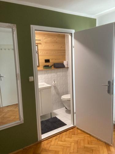 a bathroom with a toilet and a sink at Pension Schindlau in Scharnstein
