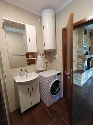 a bathroom with a washing machine and a sink at Apartman Milekic in Mrkonjić Grad