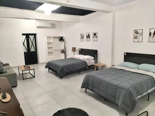 a bedroom with two beds and a couch at Depa Loft Monterrey cerca de Fundidora, Macroplaza y Barrio Antiguo in Monterrey