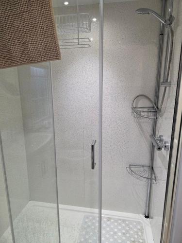 a shower with a glass door in a bathroom at Westwood Hide Away in Allhallows