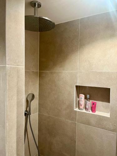 a bathroom with a shower with a shower head and pink bottles at Private attic room with workspace & water view in Haarlem