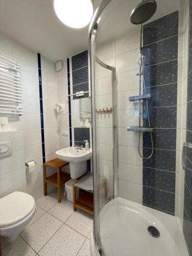 a bathroom with a shower and a toilet and a sink at Villa Park & Plaża in Świnoujście
