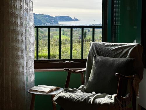 a chair sitting in front of a window with a view at Saleto Apartma in Jagodje