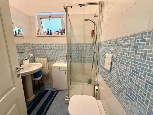 a bathroom with a shower and a toilet and a sink at Villa due rami in Anacapri